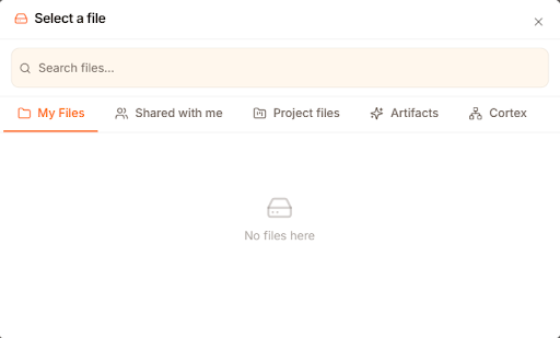 Attach panel with tabs for My Files, Shared with me, Project files, Artifacts, and Cortex